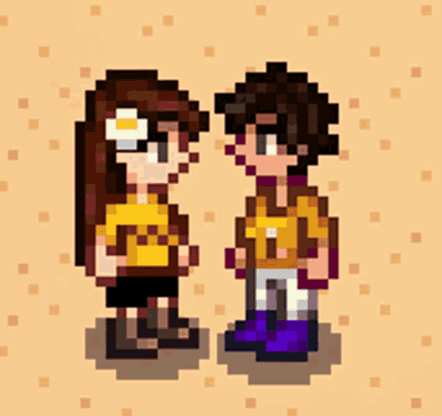 a pixel art of a boy and a girl standing next to each other with a heart in the background
