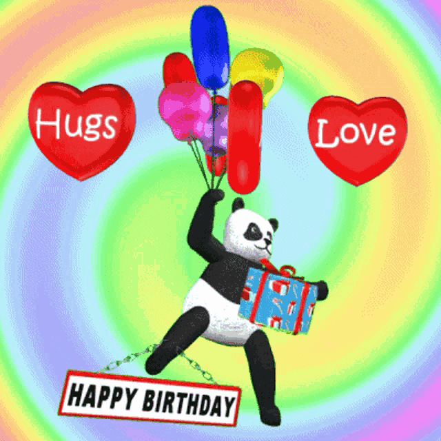 a panda bear holding balloons and a gift with hugs and love hearts above him