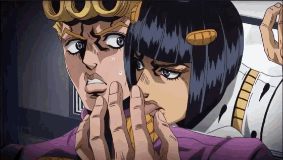 a couple of anime characters are standing next to each other and one of them is biting the other 's face .