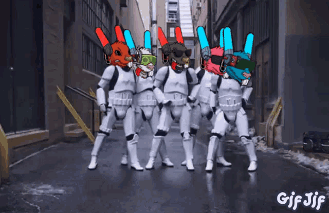 a group of stormtroopers are dancing in an alleyway with gif jif written below them