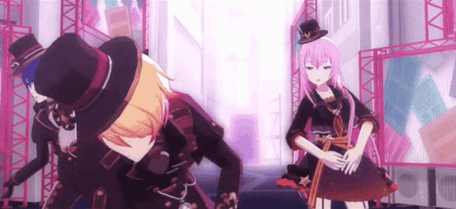 a couple of anime characters standing next to each other in a room .