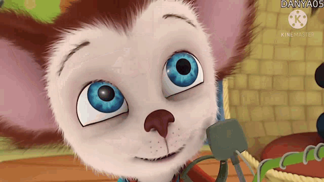 a close up of a cartoon cat with blue eyes looking at the camera