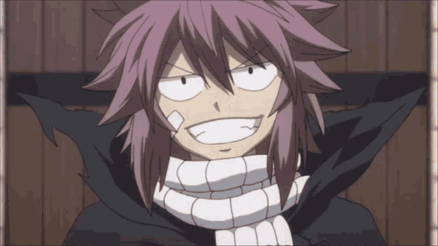 a cartoon character with purple hair and a scarf around his neck is smiling