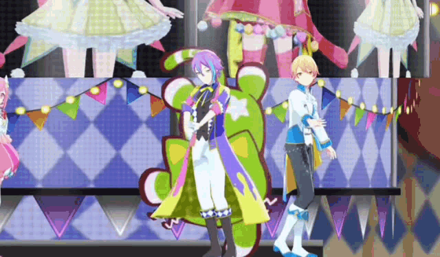 a group of anime characters are dancing on a stage in front of a teddy bear .