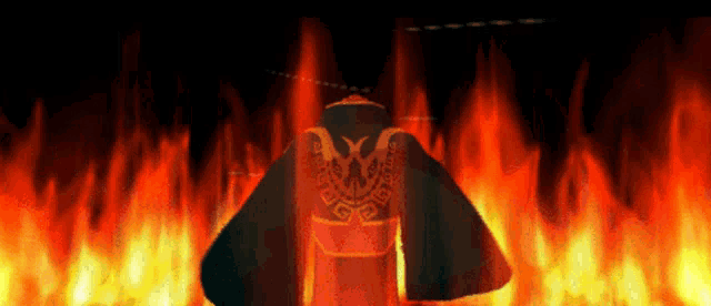 a painting of a person standing in front of flames