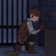 a cartoon character is kneeling down in front of a brick wall .