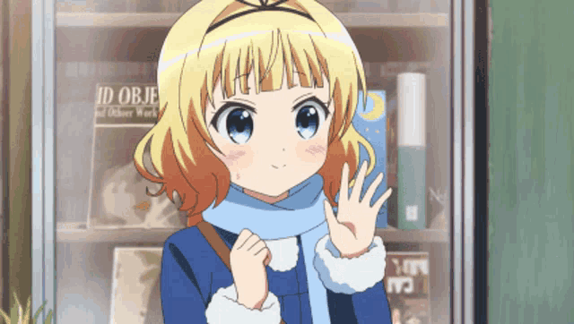 a girl with a scarf around her neck is standing in front of a bookshelf with a book titled id obje