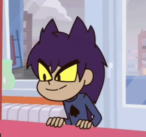 a cartoon character with purple hair and yellow eyes is peeking out of a window