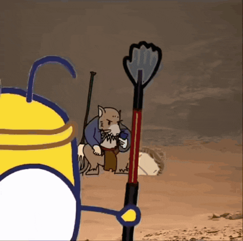 a cartoon drawing of a cat holding a spear in the desert