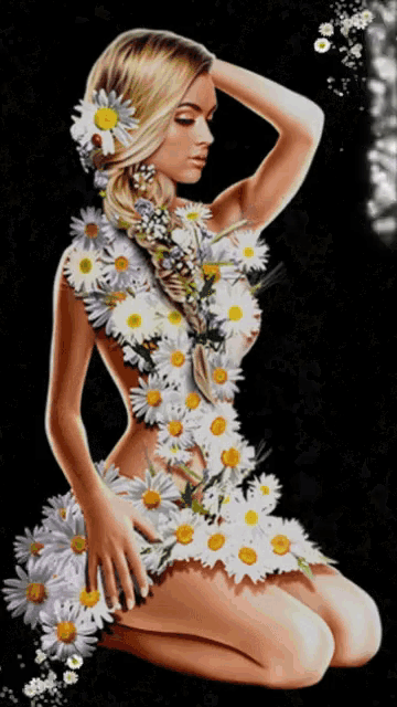 a woman in a dress made of daisies is kneeling down in front of a black background