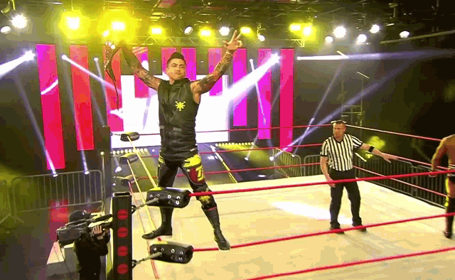 a wrestler stands in the middle of a ring with his arms in the air