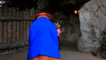 a cartoon character in a blue jacket and red hat is standing in front of a cave .