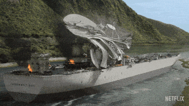 a large ship named judgment day is floating in the water