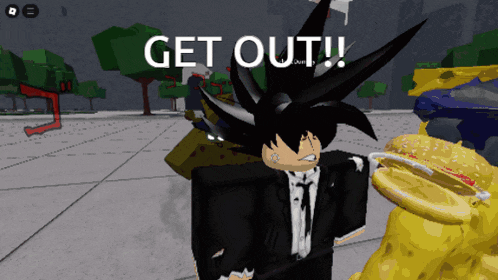 a video game character says get out in front of a hamburger