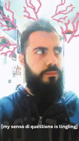 a man with a beard says " my senso di questione is tingling " in front of him