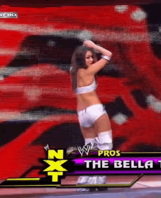a female wrestler is standing on a stage in front of a screen that says nxt