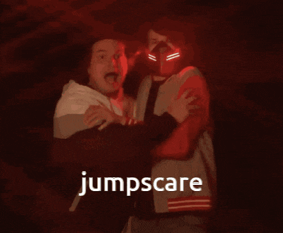 the word jumpscare is on a red background with two people