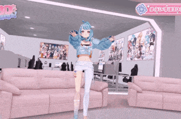 a girl with blue hair stands in a room with a sign that says 3d
