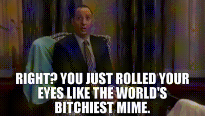 a man in a suit and tie is sitting in a chair with the words right ? you just rolled your eyes