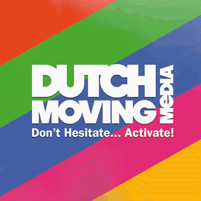 a poster for dutch moving media shows a man in front of a colorful background