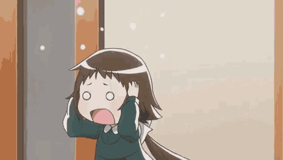 a cartoon girl is standing in front of a door with her hands on her head and a surprised look on her face .