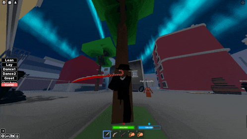 a person holding a sword in a video game that says lean lay dance and greet
