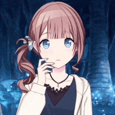 a girl with a ponytail and blue eyes is wearing a black necklace