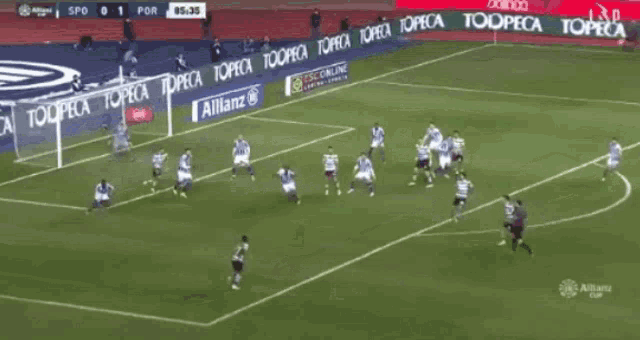 a soccer game is being played on a field with a banner for allianz in the background