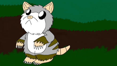 a cartoon drawing of a rat standing in a grassy field