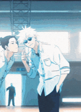 two anime characters are standing next to each other