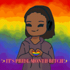 a cartoon of a girl holding a rainbow heart with the words " it 's pride month bitch " on the bottom