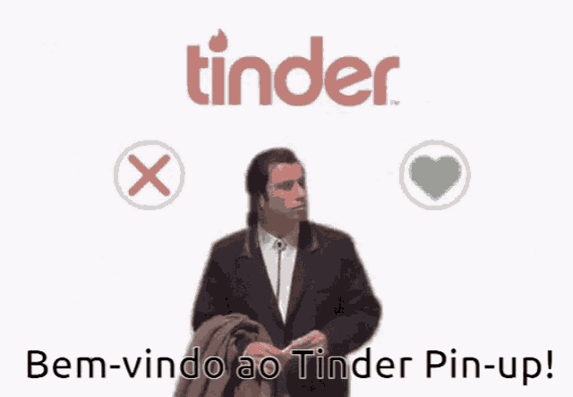 a man in a suit is standing in front of an advertisement for tinder
