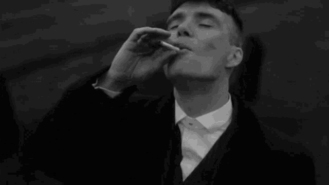 a man in a suit and bow tie is smoking a cigarette .