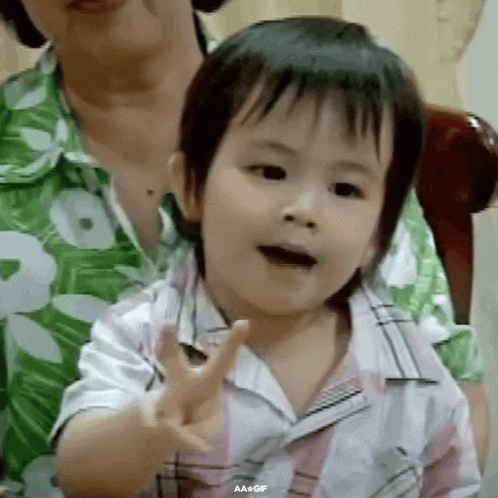 a little boy is giving the peace sign while sitting next to a woman .