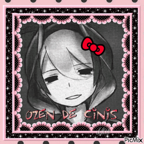 a black and white drawing of a girl with a hello kitty bow and the words ozen de cinis