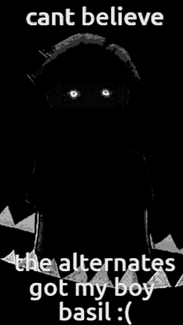 a black and white image of a person with headphones on and a caption that says cant believe the alternates got my boy basil