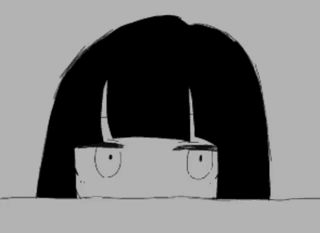 a black and white drawing of a girl 's face with long black hair