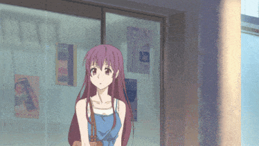 a girl with long purple hair is standing in front of a store window