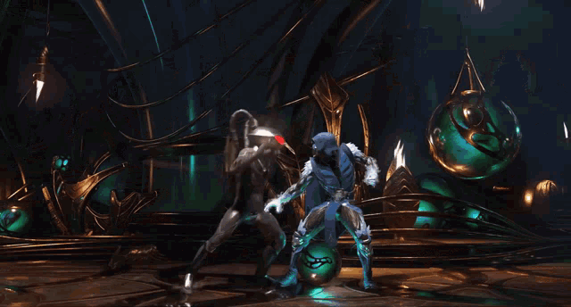 a video game character is fighting another character in a very dark room