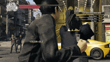 a video game screen shows a man holding a bag of money in front of a yellow car