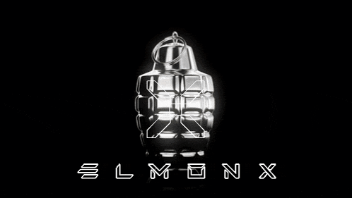 a black and white image of a bottle of elmonx perfume