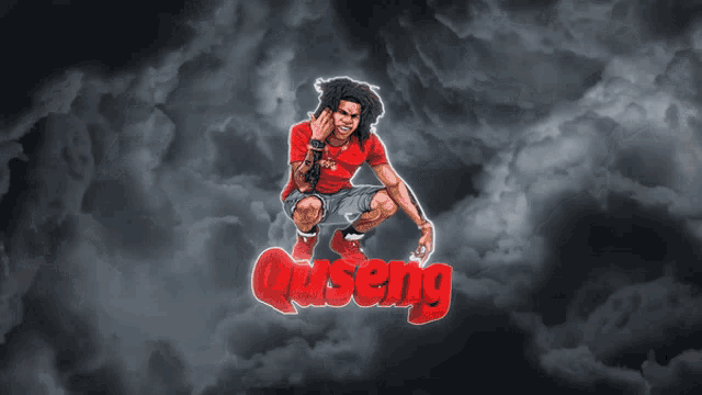 a man in a red shirt is squatting in the clouds with the word quseng in red