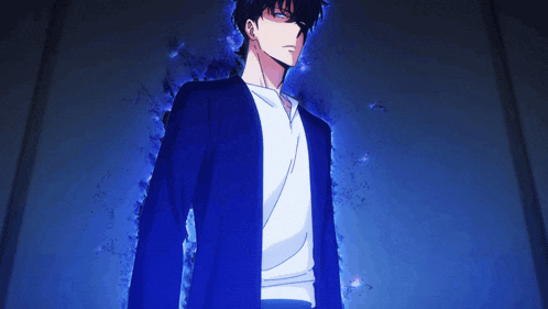 a man in a blue jacket is standing in front of a blue wall .