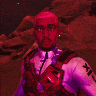 a man with a beard is wearing a purple vest that says x