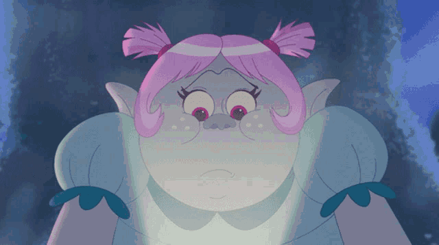 a cartoon character with pink hair and a blue shirt