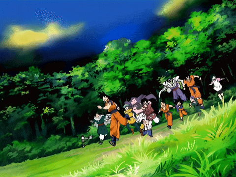 a group of anime characters are running down a hill