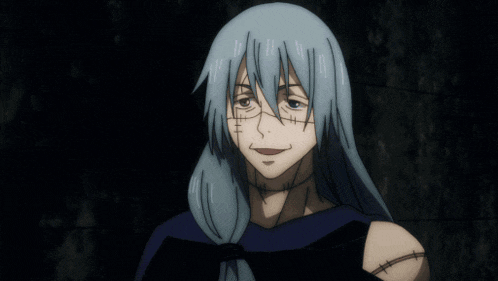 a cartoon character with blue hair and stitches in her face