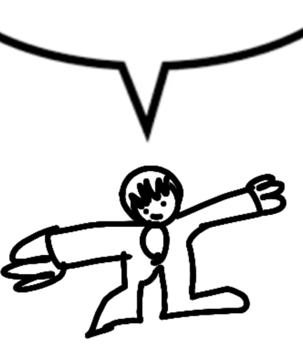 a black and white drawing of a man with his arms outstretched and a speech bubble .