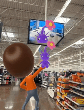a cartoon character in a store with purple flowers