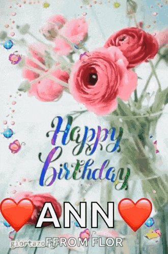 a happy birthday card with pink roses and hearts